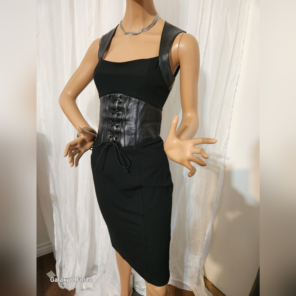 bebe Black Leather Corset Midi Dress XS